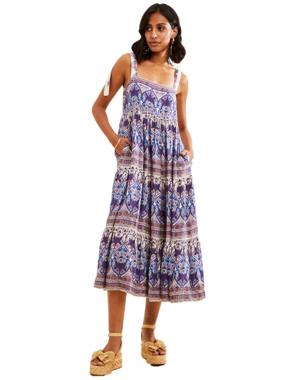 Caroline Constas Tie Shoulder Boho Floral Print Tiered Cotton Maxi Dress Large